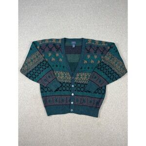 Vintage Cambridge Classics Cardigan Mens L Green Geometric Wool Blend 90s